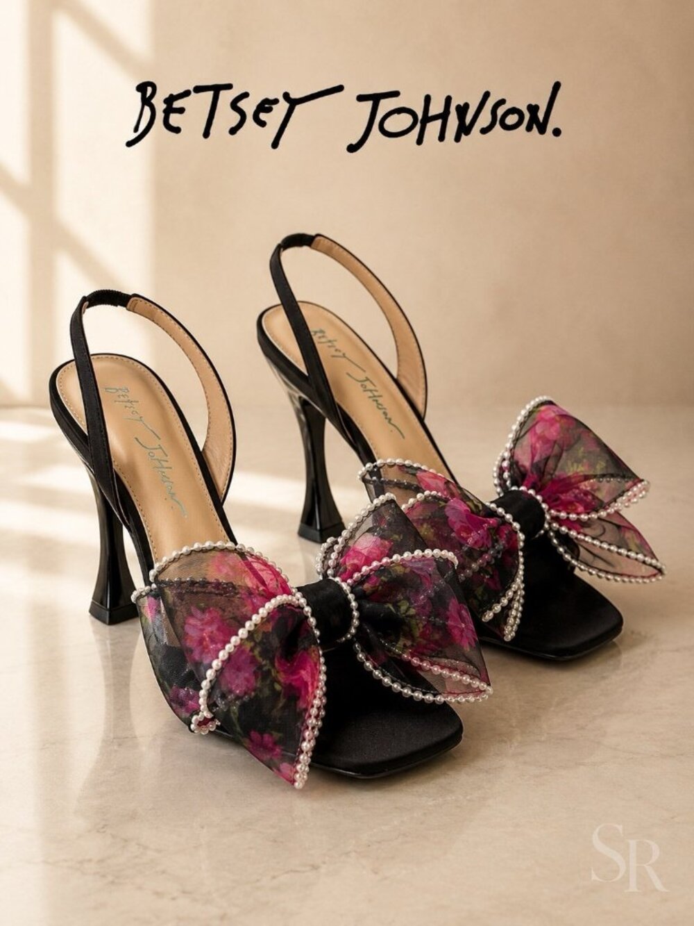 Betsey Johnson Fawn Floral Bow Slingback Heels Black Satin Pearl Trim Pumps 6.5M